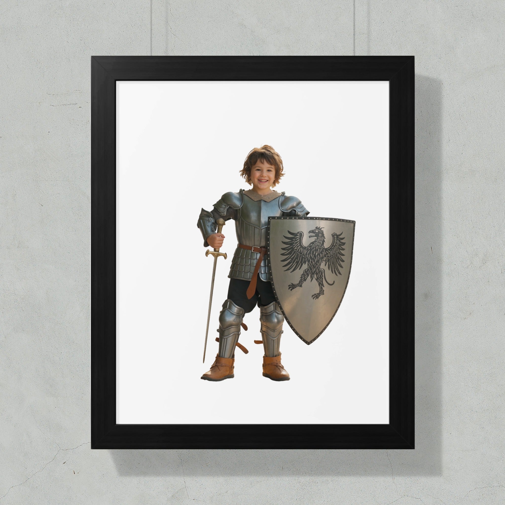 Boy in knight costume with sword and shield against white background.