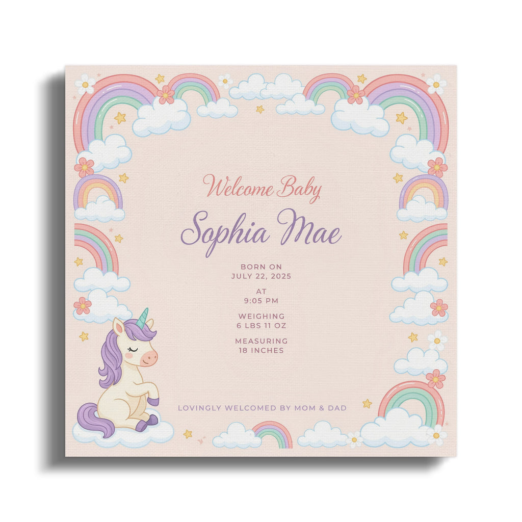 Baby announcement for Sophia Mae with unicorn, rainbows, and clouds.
