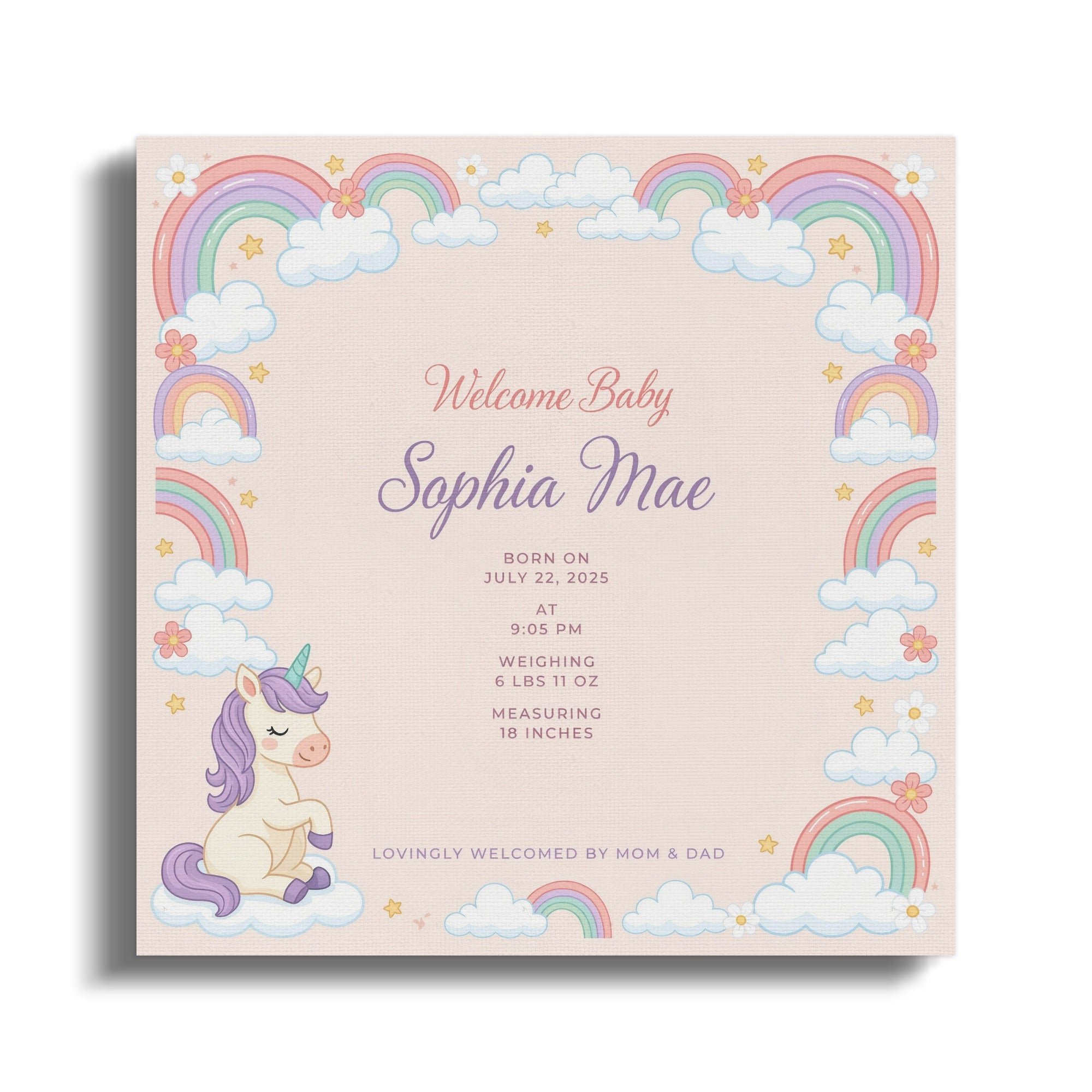 Baby announcement for Sophia Mae with unicorn, rainbows, and clouds.