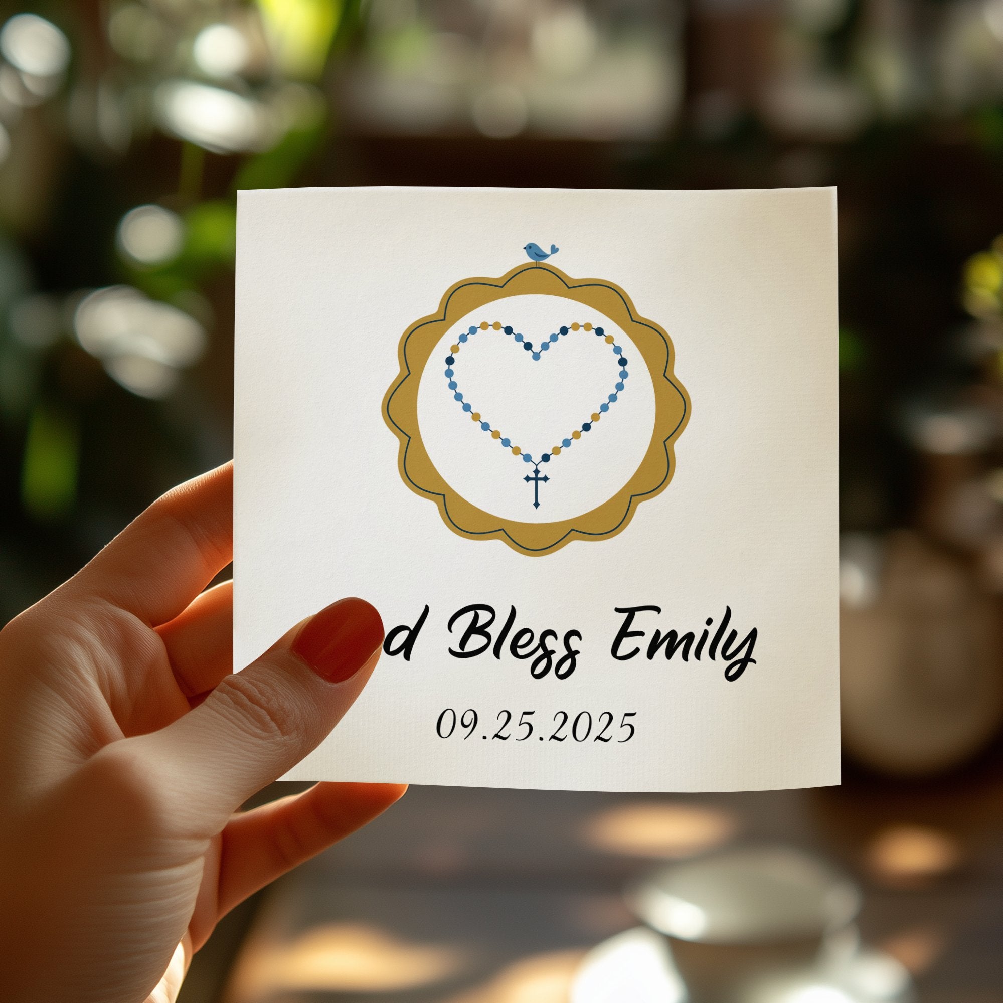 God Bless Emily 09.25.2025 with rosary heart design.