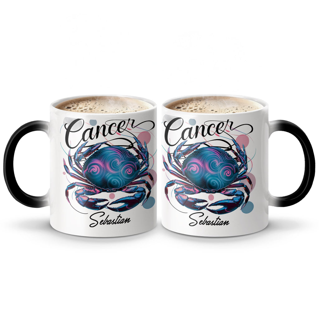 White mug with Cancer zodiac symbol and name Sebastian.