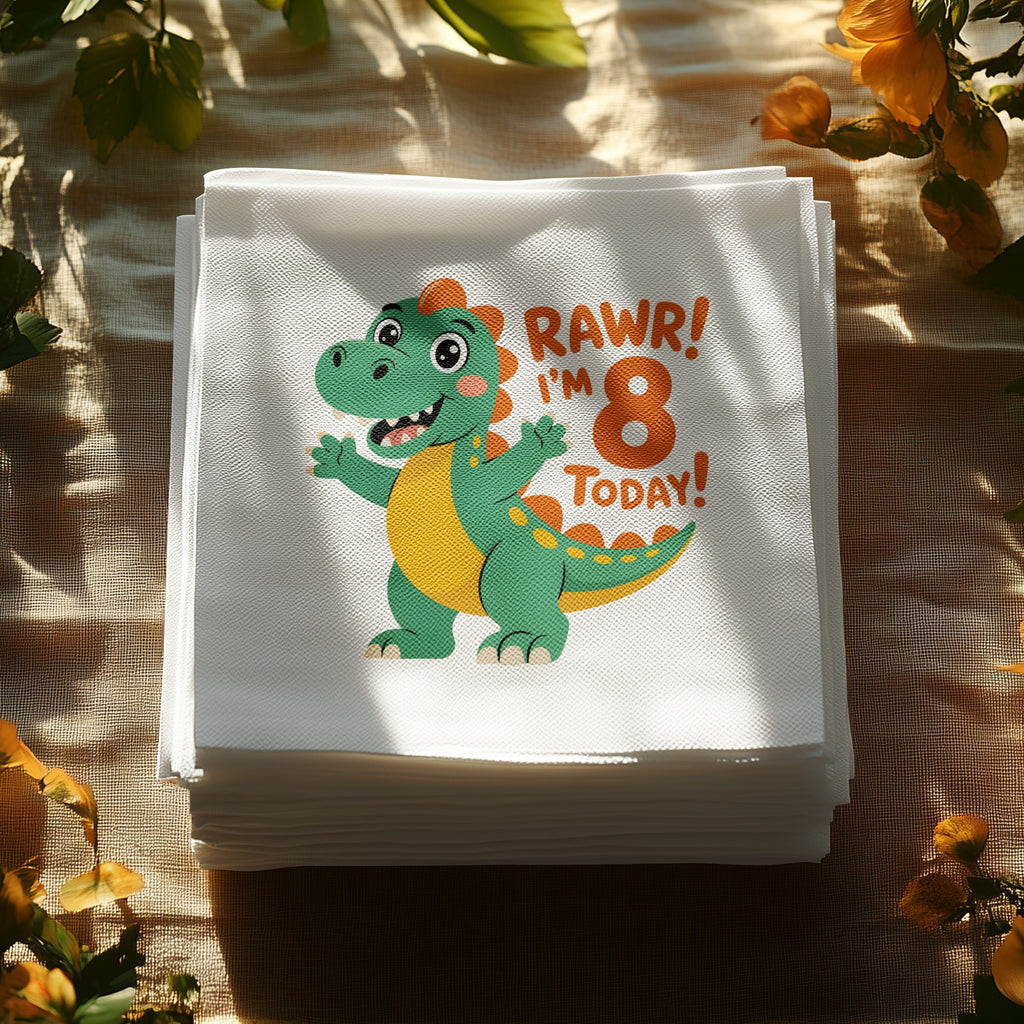 Stack of napkins with a dinosaur saying "Rawr! I'm 8 Today!".