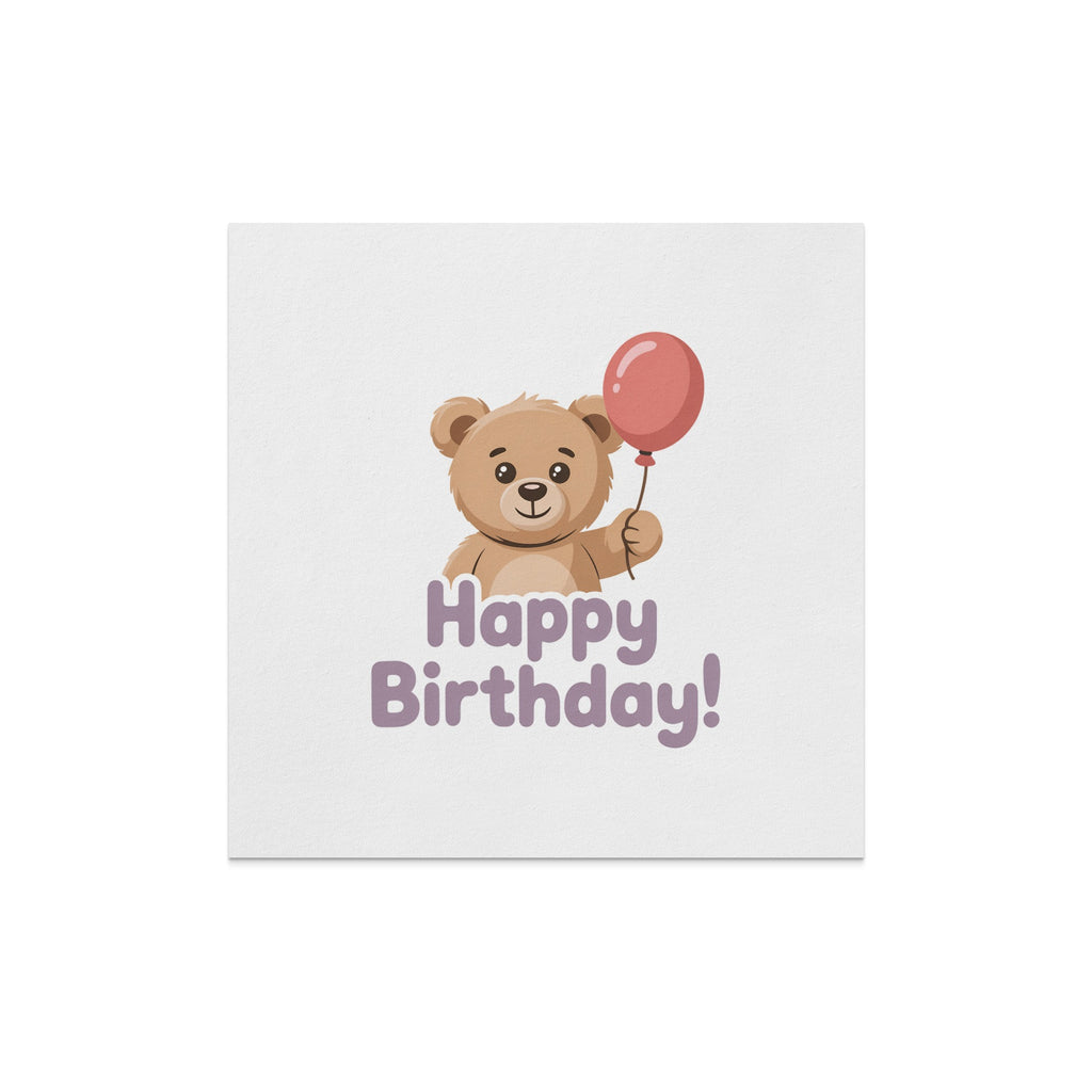Teddy bear holding a pink balloon with "Happy Birthday!" text.