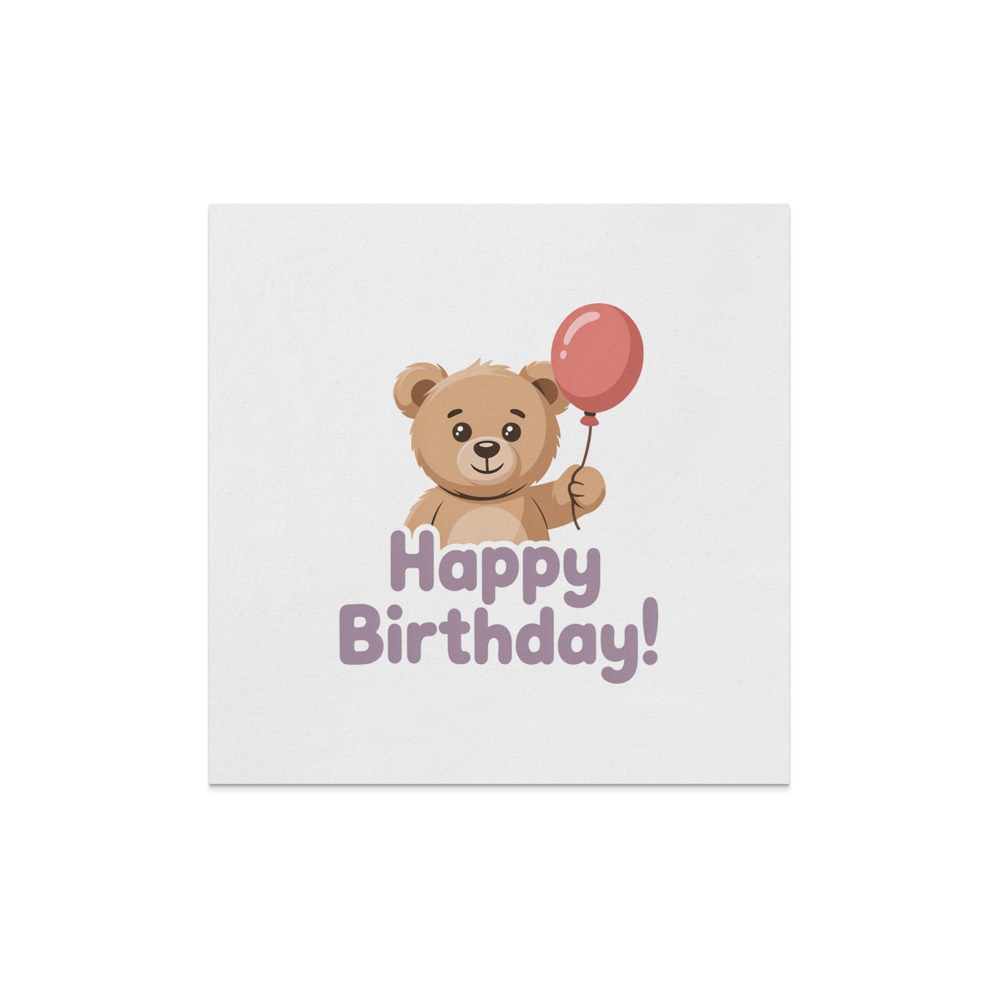 Teddy bear holding a pink balloon with "Happy Birthday!" text.
