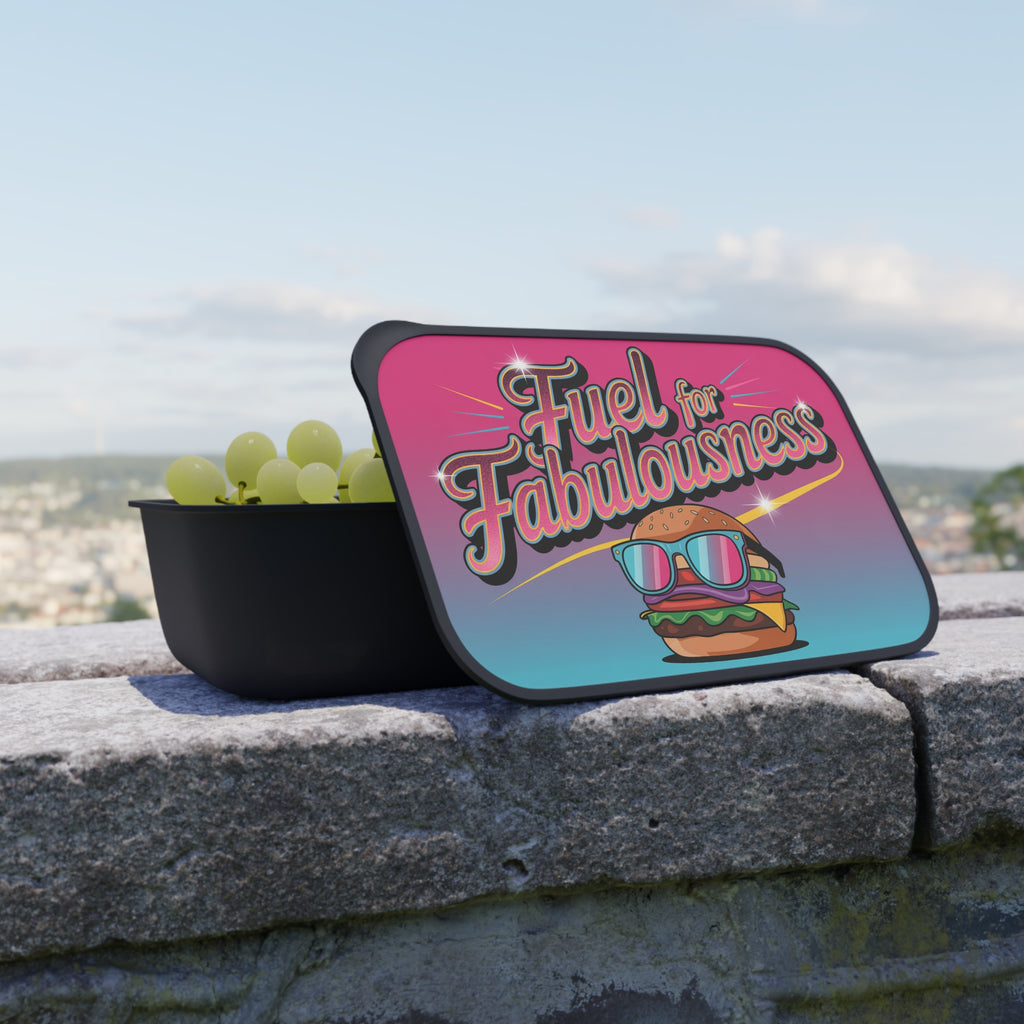 Lunchbox with "Fuel for Fabulousness" text and a cartoon hamburger illustration.
