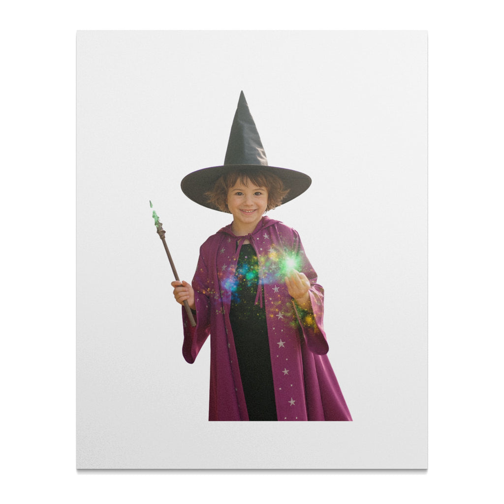 Child in witch costume holding a magic wand, smiling.