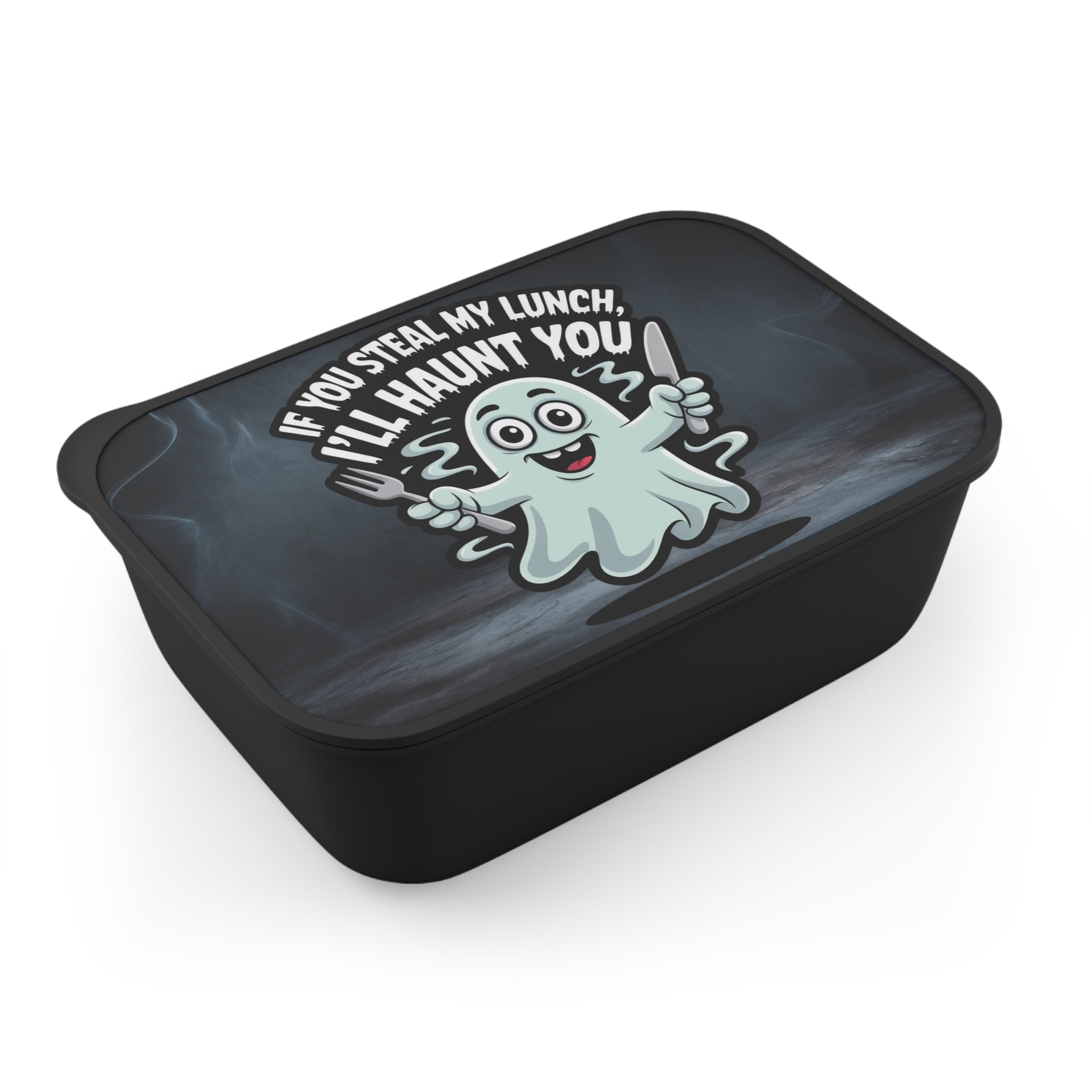 Black lunchbox with cartoon ghost and "If you steal my lunch, I'll haunt you" text.