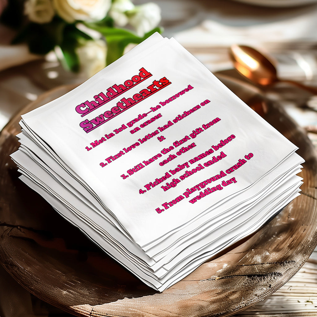 "Childhood Sweethearts" list on stacked napkins: first love, gifts, and playground crush.