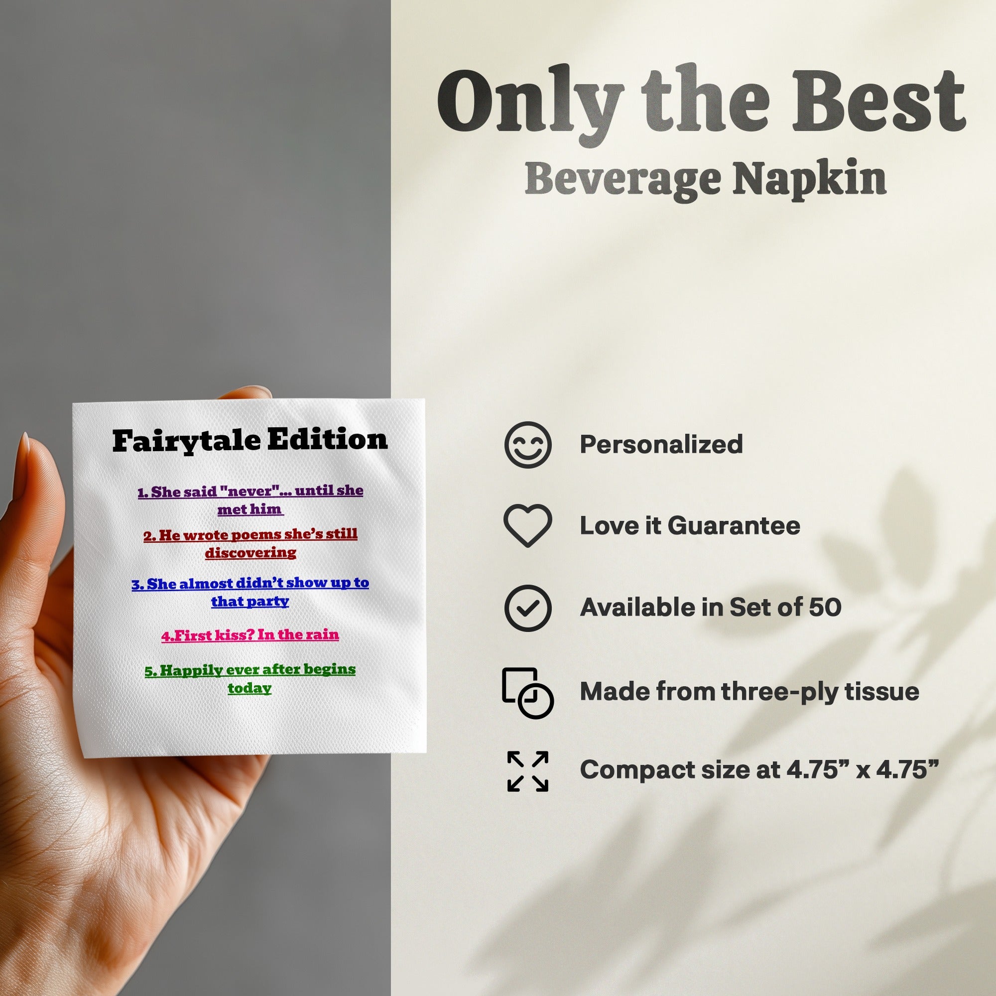 Fairytale Edition beverage napkins with romantic quotes, personalized and sold in sets.