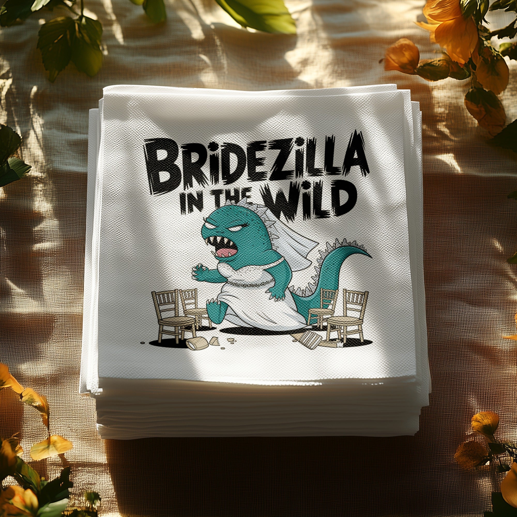 Bridezilla dinosaur in wedding dress with chairs and text "BRIDEZILLA IN THE WILD."