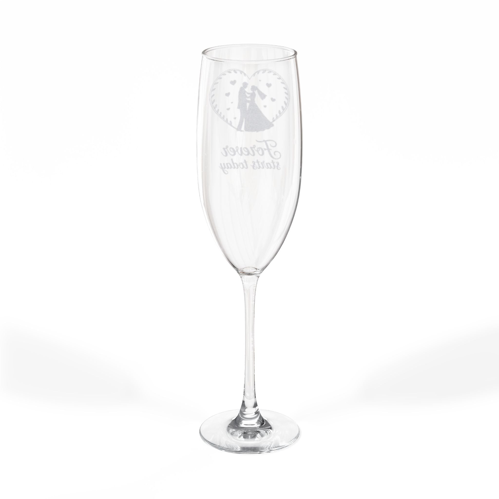 Champagne flute with etched "Forever" and heart design.