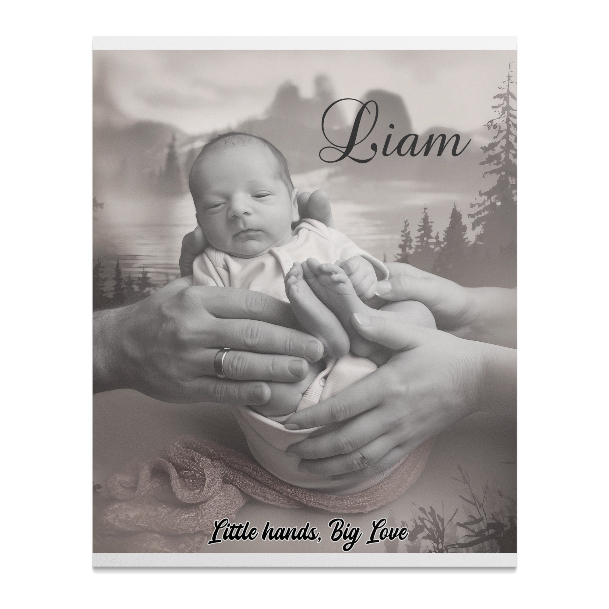 Sepia-toned baby Liam held by parents' hands, with text "Little hands, Big Love."