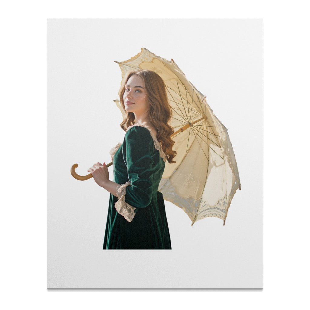 Woman in green Victorian dress holding an antique lace umbrella.
