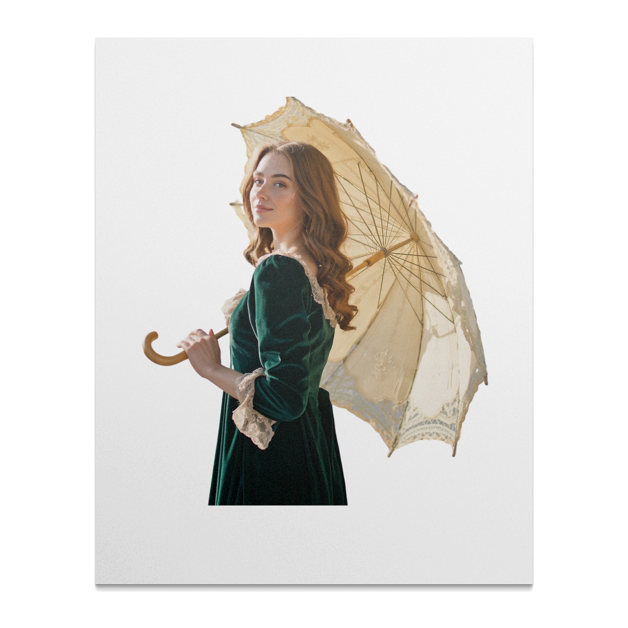 Woman in green Victorian dress holding an antique lace umbrella.