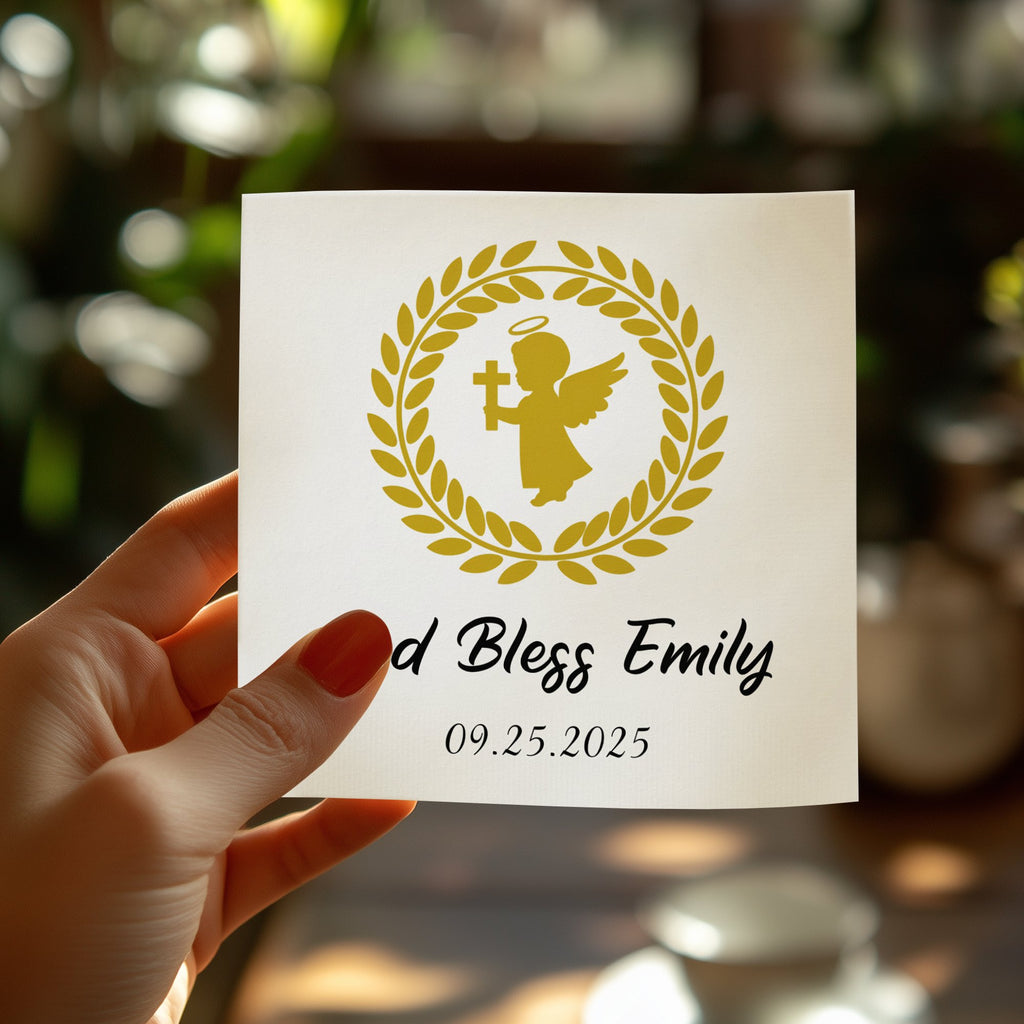 Gold angel and laurel wreath on card that reads "God Bless Emily 09.25.2025".