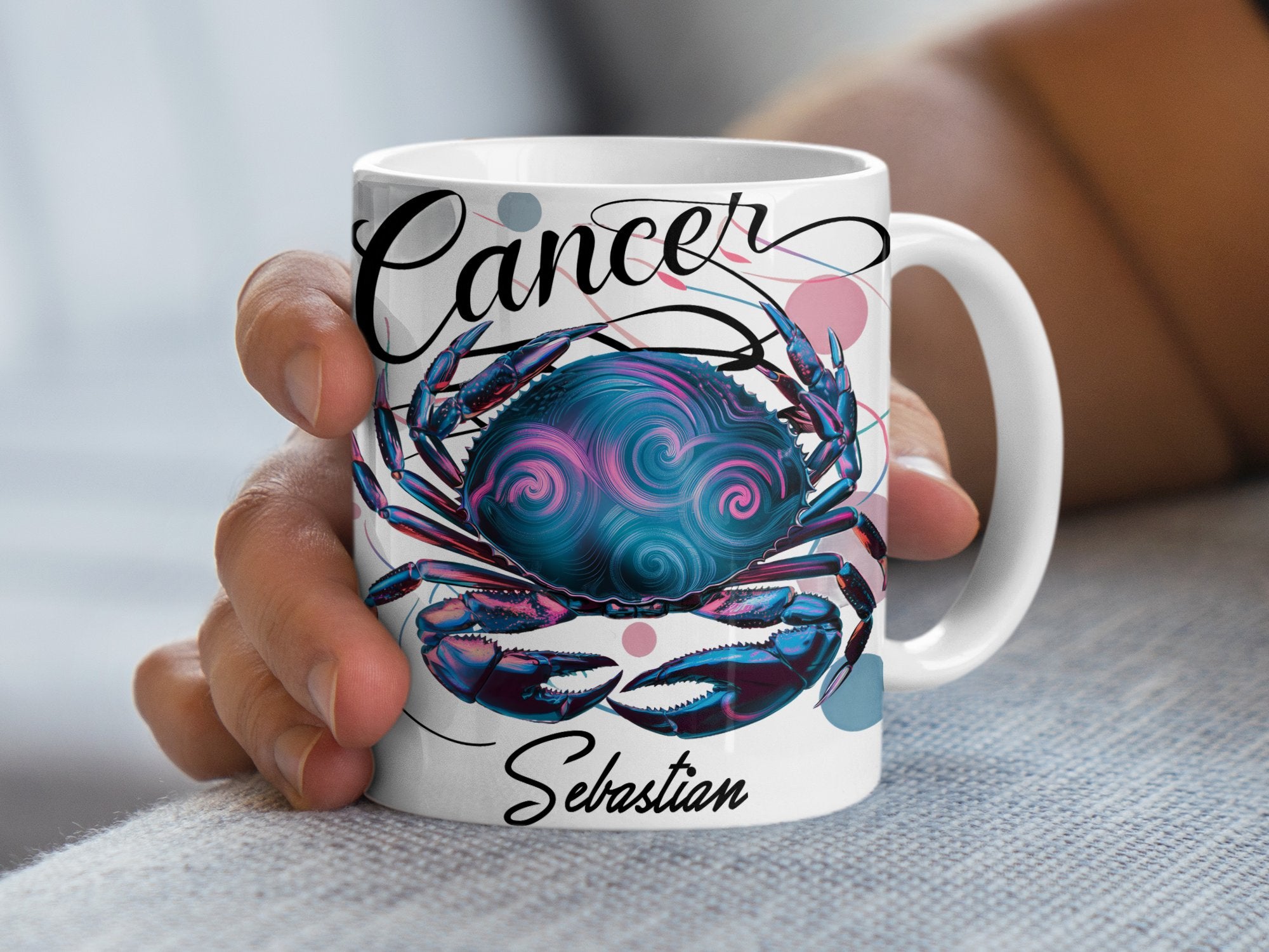Cancer mug with a stylized crab and the name Sebastian.