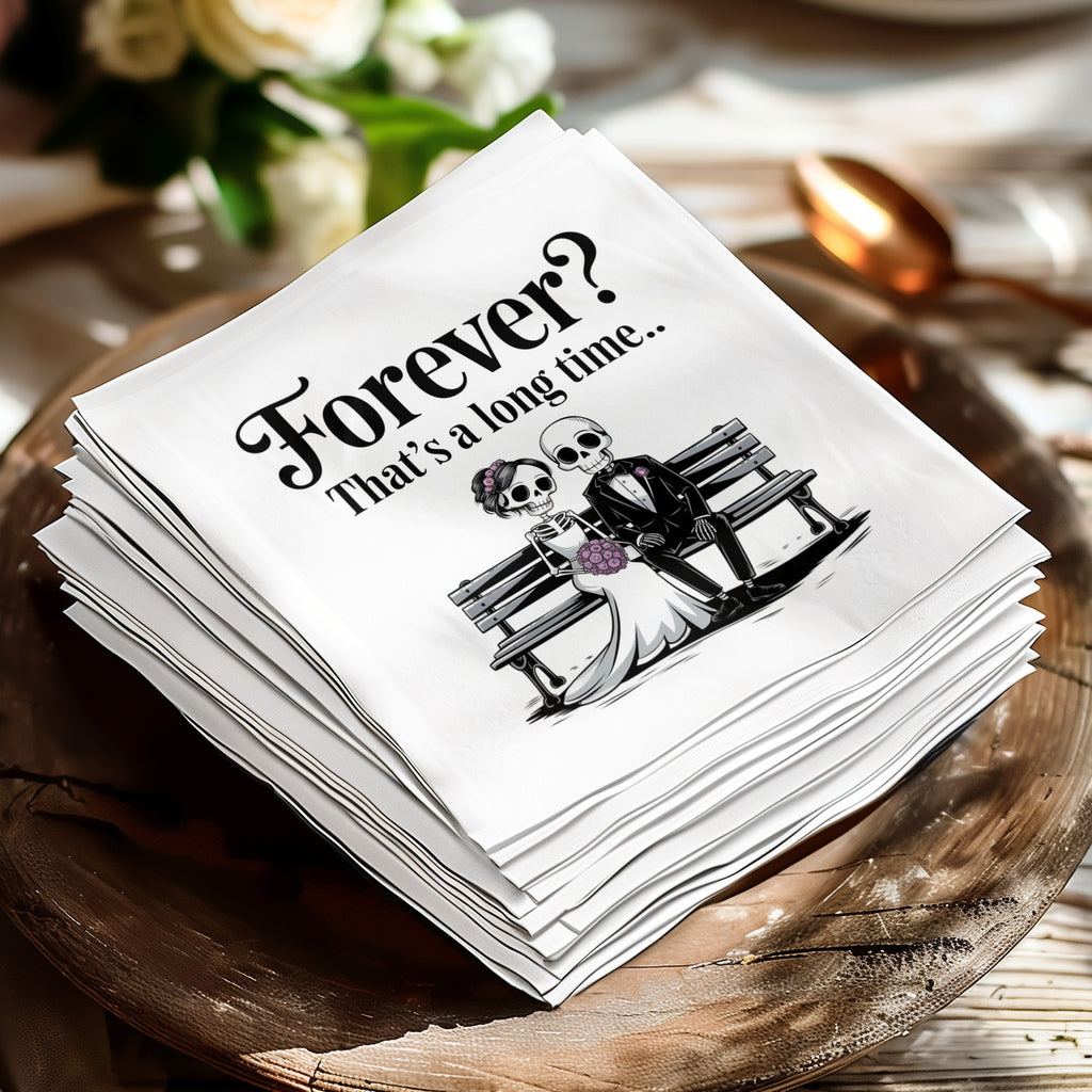 Skeleton bride and groom on bench, "Forever? That's a long time.." text.