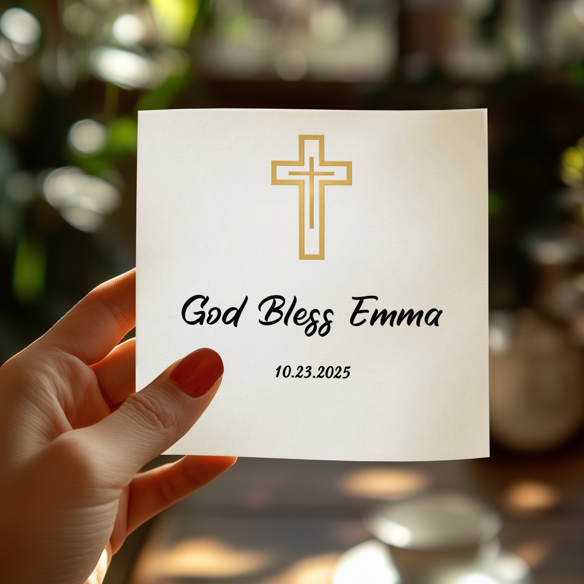 Hand holding card with gold cross, "God Bless Emma," and date.