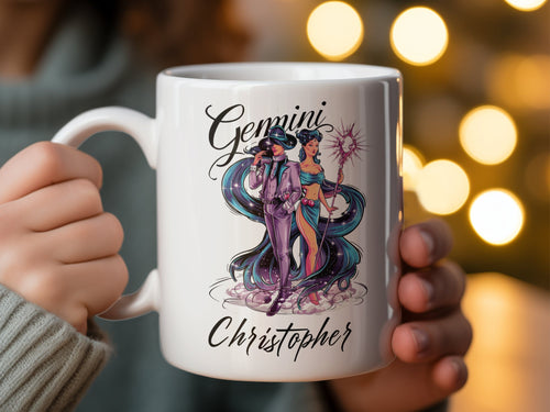 Gemini zodiac couple illustration with "Christopher" text on a white mug.