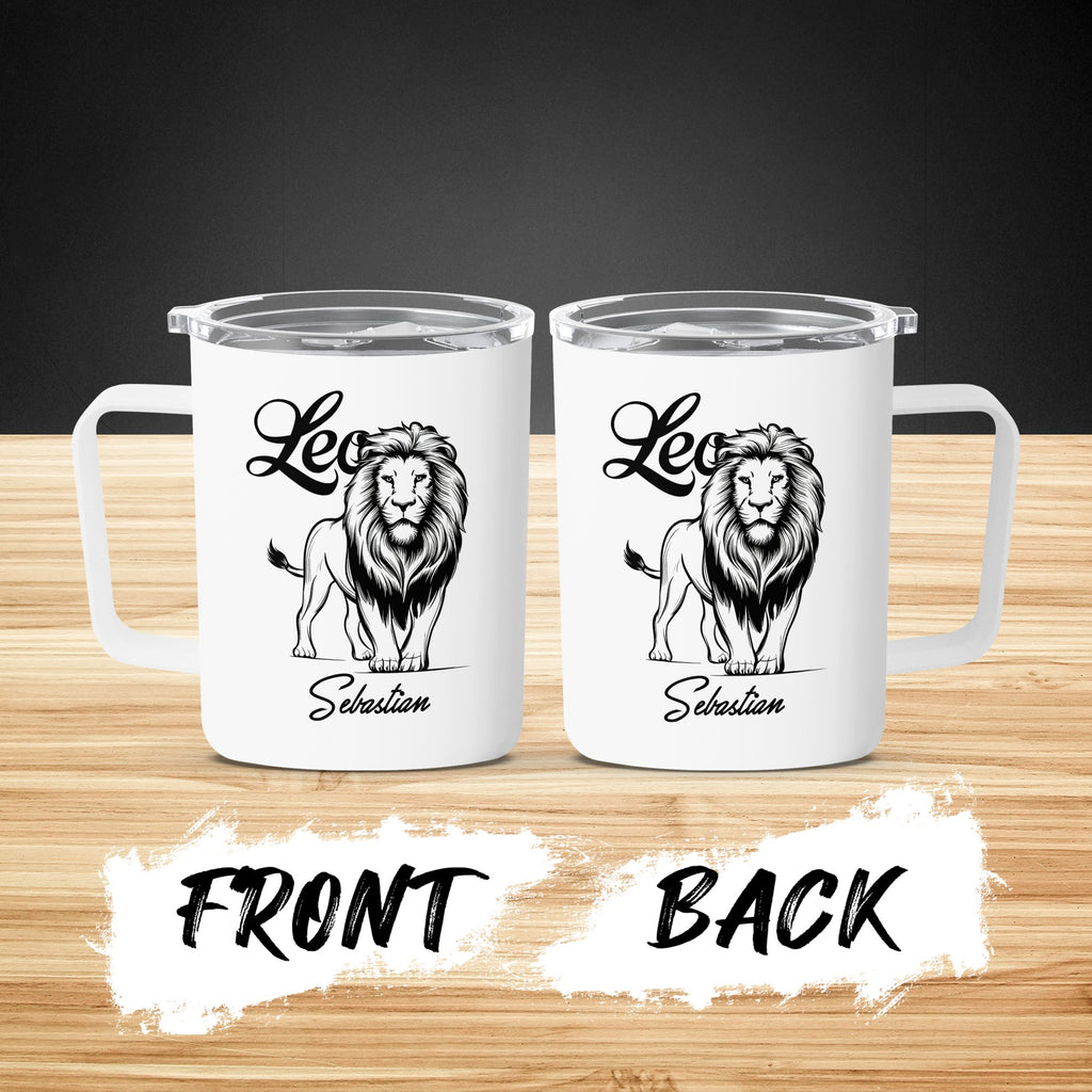 Two white tumblers, each with a lion graphic and "Sebastian" text.