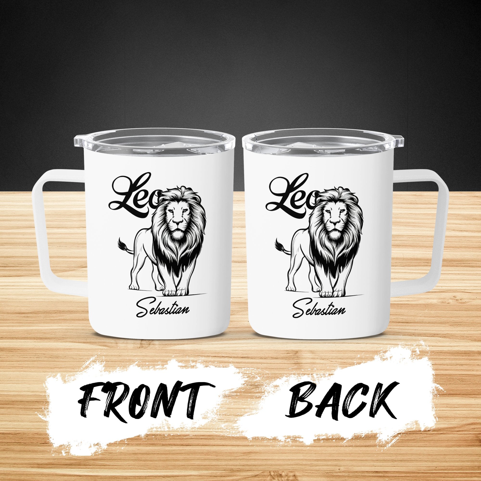 Two white tumblers, each with a lion graphic and "Sebastian" text.