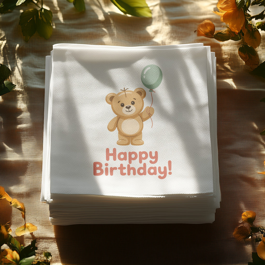 Stack of white napkins with teddy bear holding balloon and "Happy Birthday!" text.