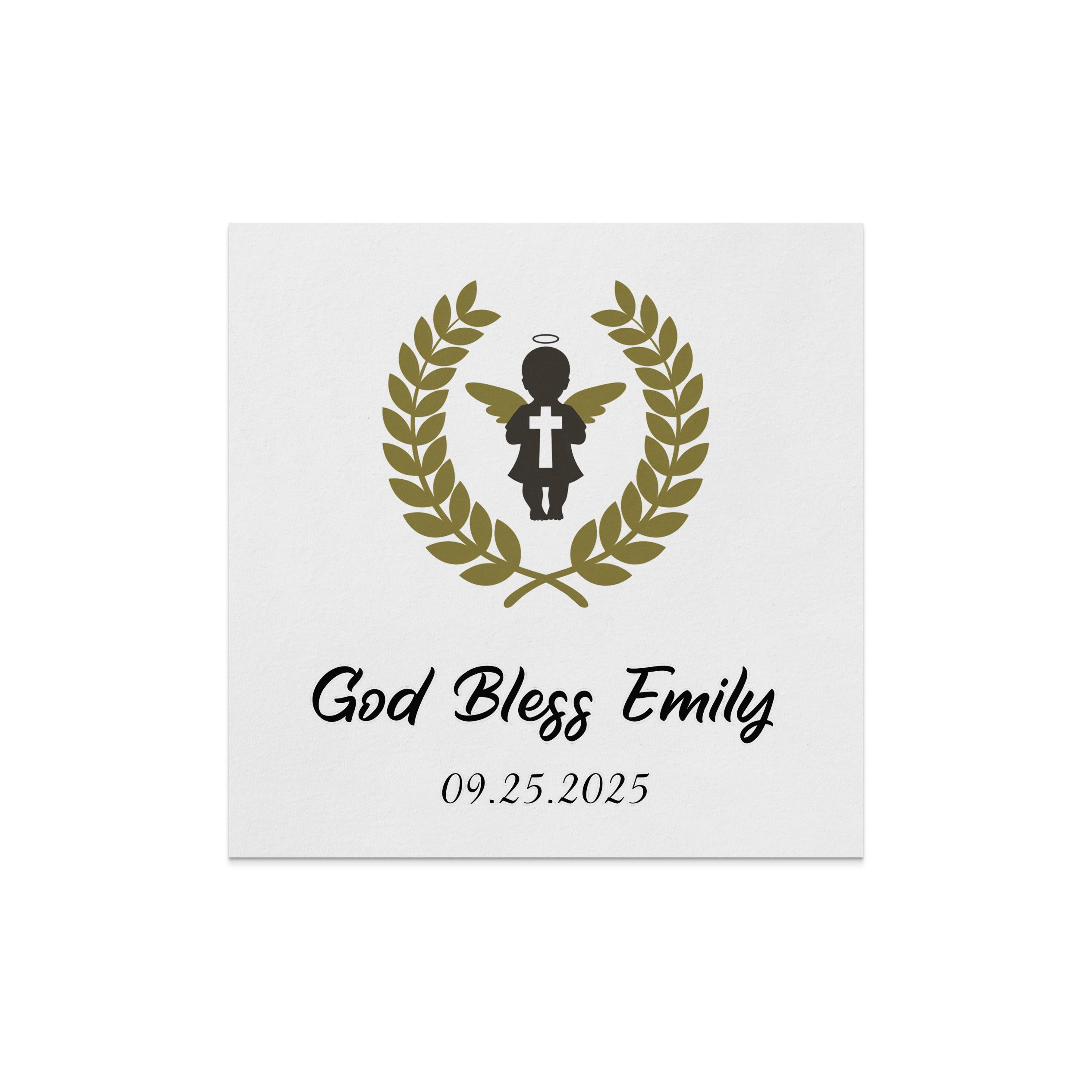 "God Bless Emily" text with laurel wreath and angel with cross, dated 09.25.2025.