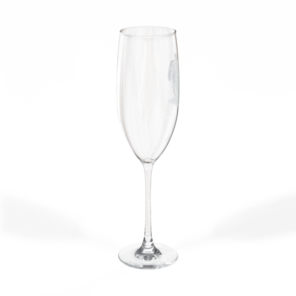 Clear champagne flute with frosted graphic of an astronaut on the bowl.