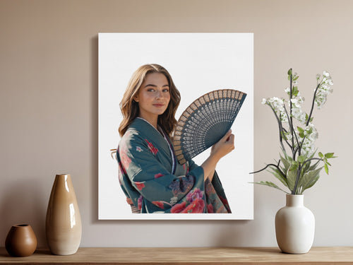Woman in kimono holding ornate fan, displayed on wall above shelf with vases.