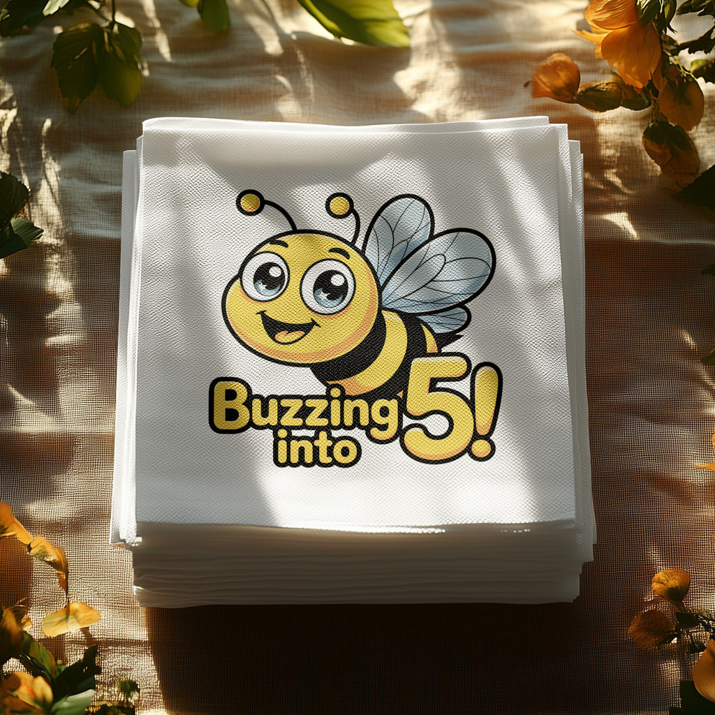 Stack of white napkins with a cartoon bee saying "Buzzing into 5!".