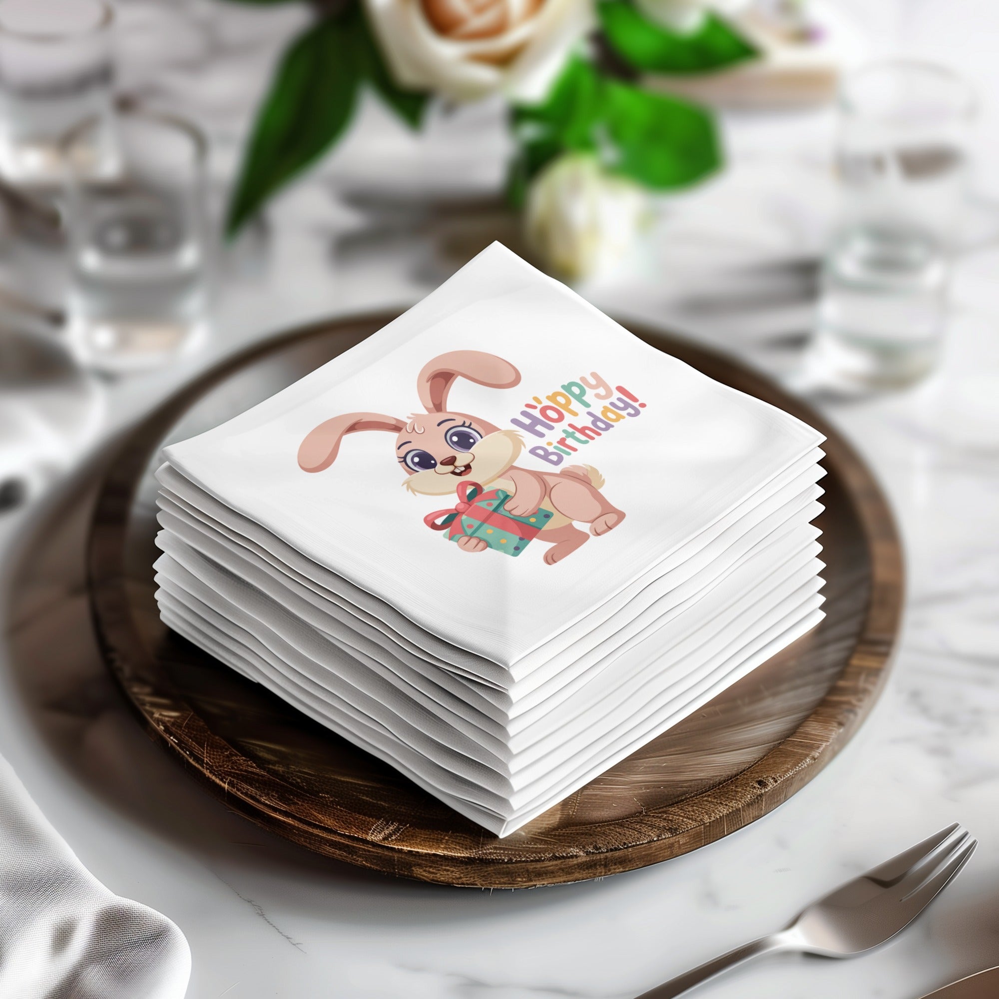 Stack of white napkins with pink bunny holding gift and "Hoppy Birthday!" text.