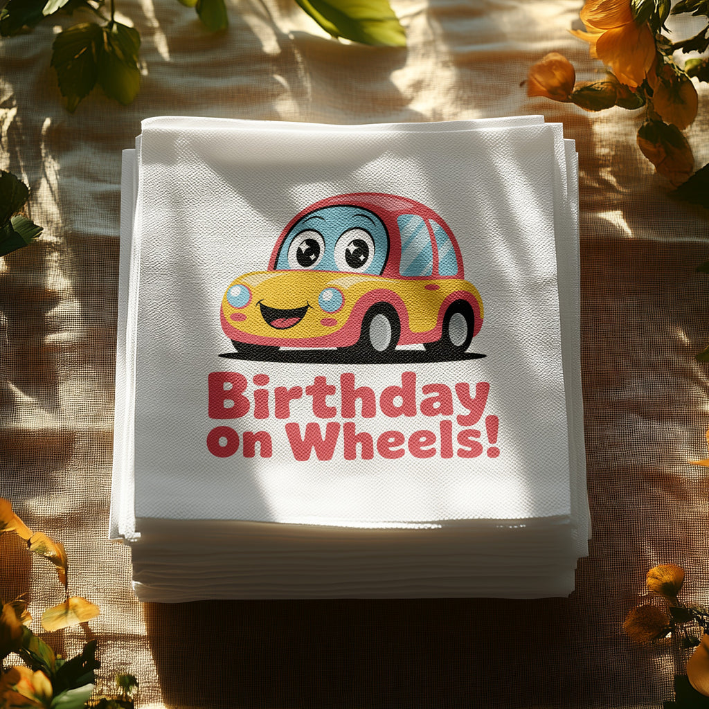 Stack of white napkins with cartoon car and "Birthday on Wheels" text.