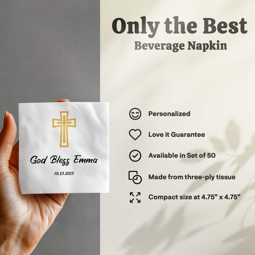 Beverage napkin with "God Bless Emma" and date, featuring a cross.