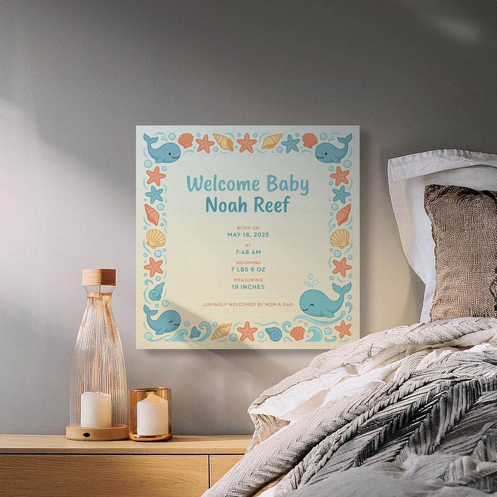 Welcome Baby Noah Reef birth details on a canvas framed by whales and seashells.