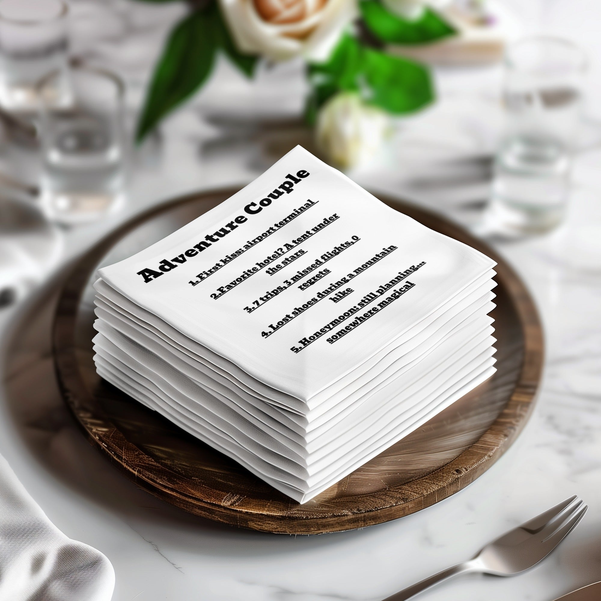 Stack of napkins listing adventure couple memories and plans.