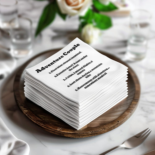 Stack of napkins listing adventure couple memories and plans.
