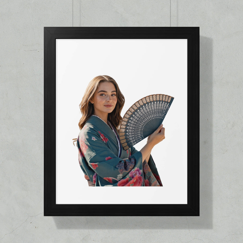 Woman in teal kimono with floral pattern holding an open fan.