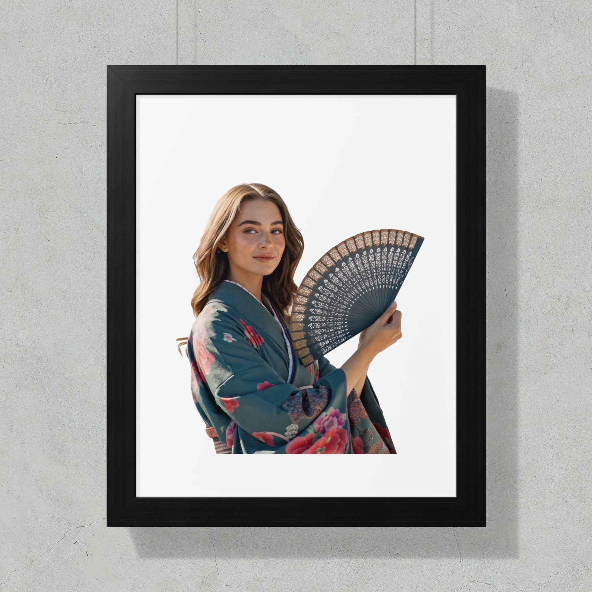 Woman in teal kimono with floral pattern holding an open fan.