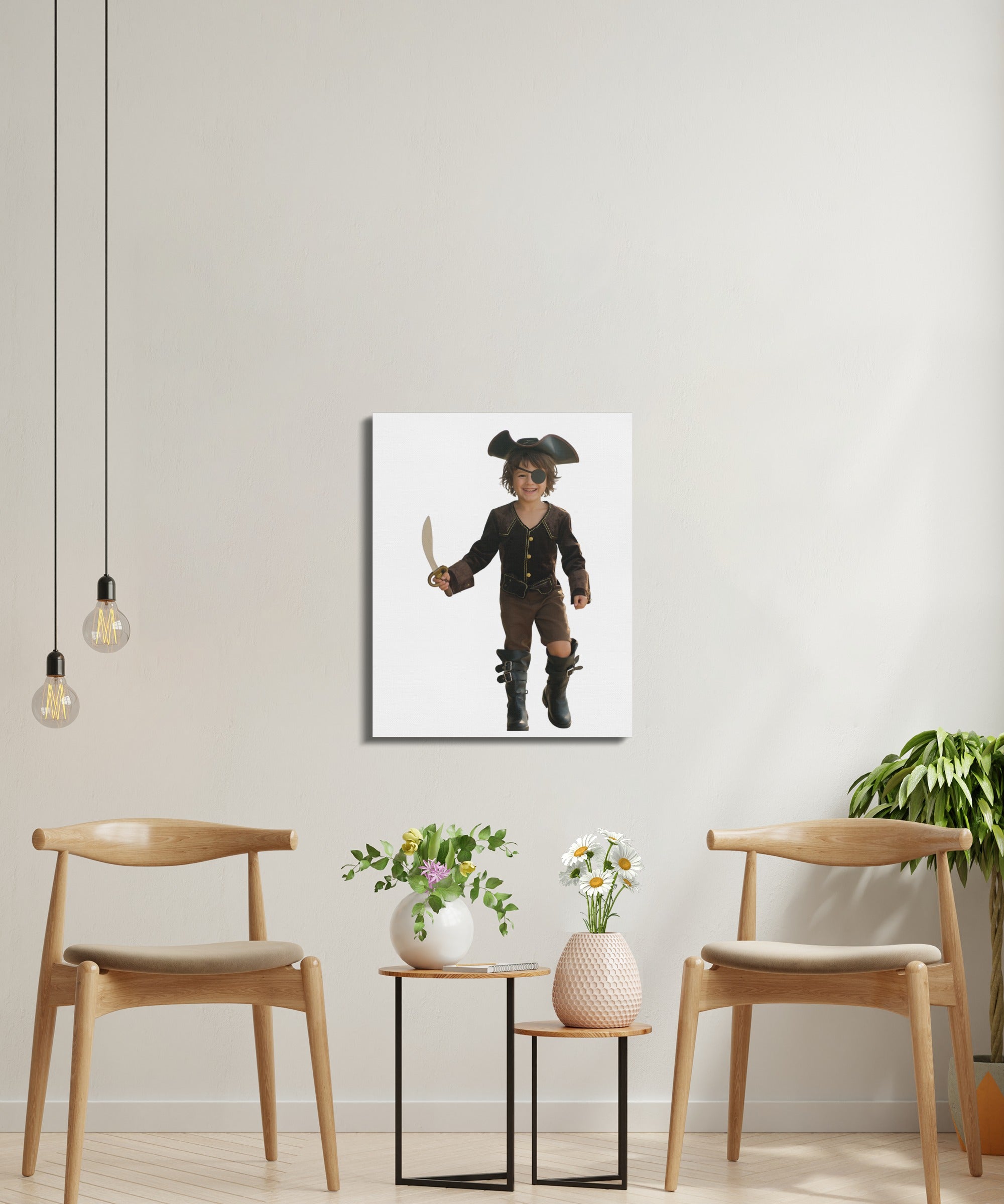 Child in pirate costume holding toy sword, standing in white studio setting.