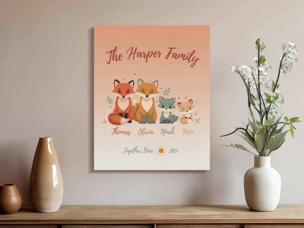 The Harper Family canvas art depicts four foxes with names and "Together Since 2017".