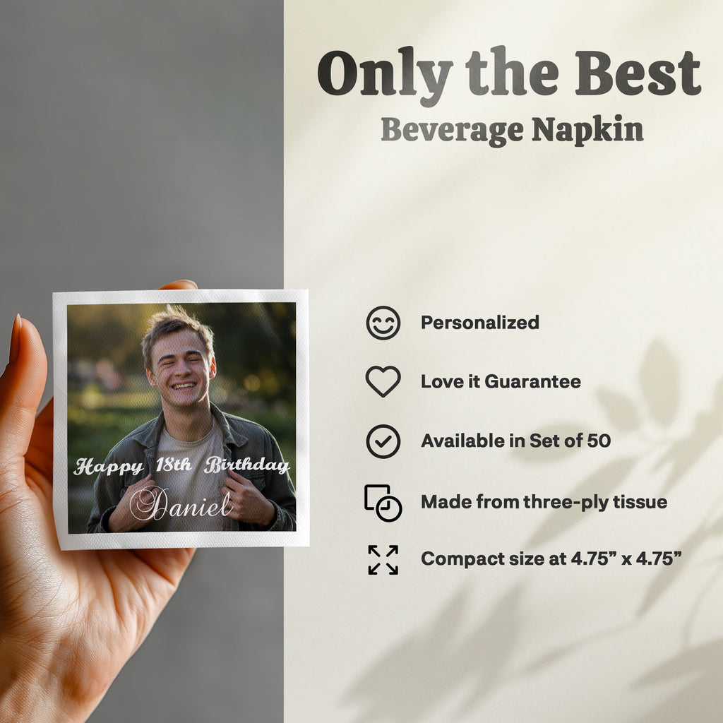 Beverage napkin with "Happy 18th Birthday Daniel" and smiling young man.