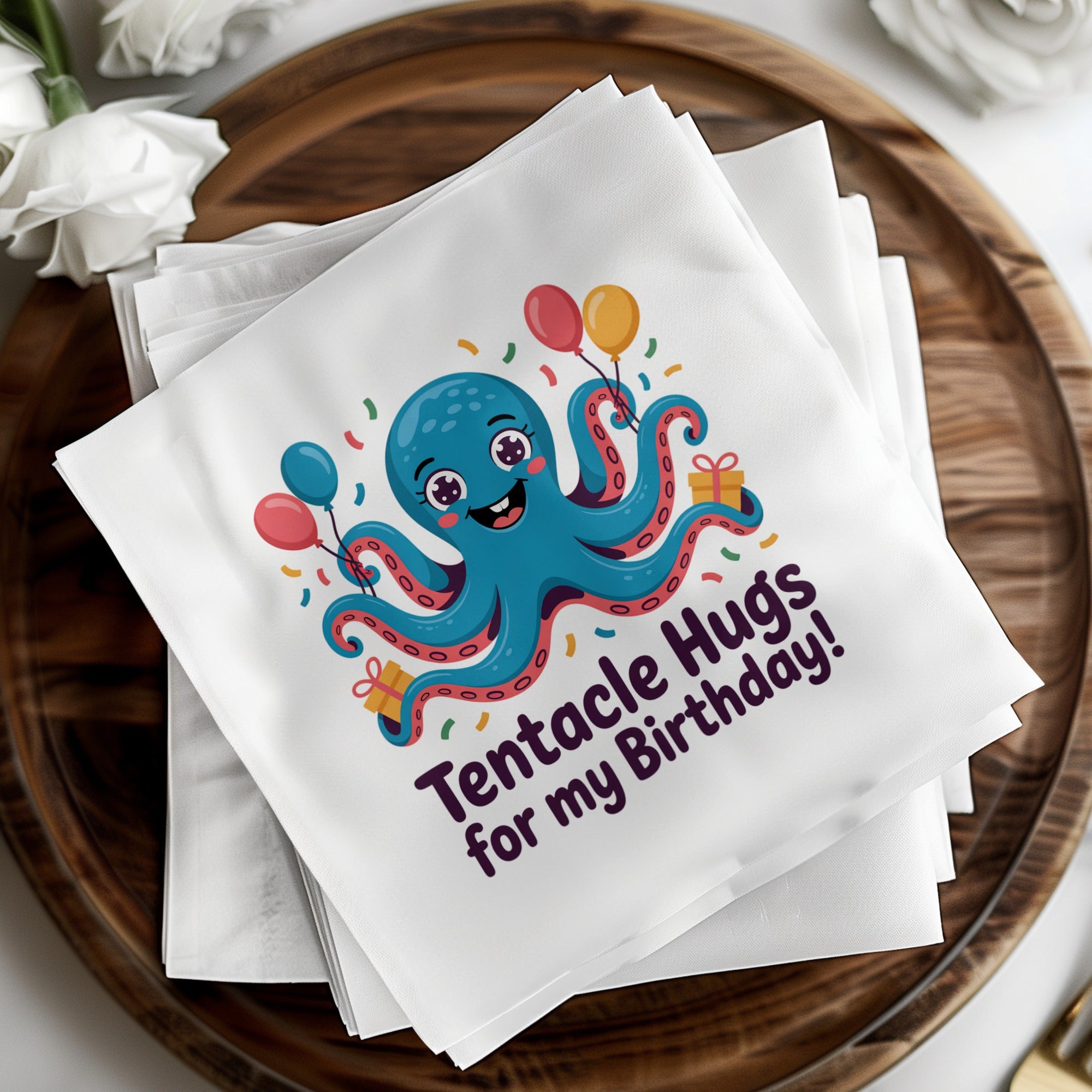 Blue cartoon octopus holding balloons and a gift box, with text "Tentacle Hugs for my Birthday!".