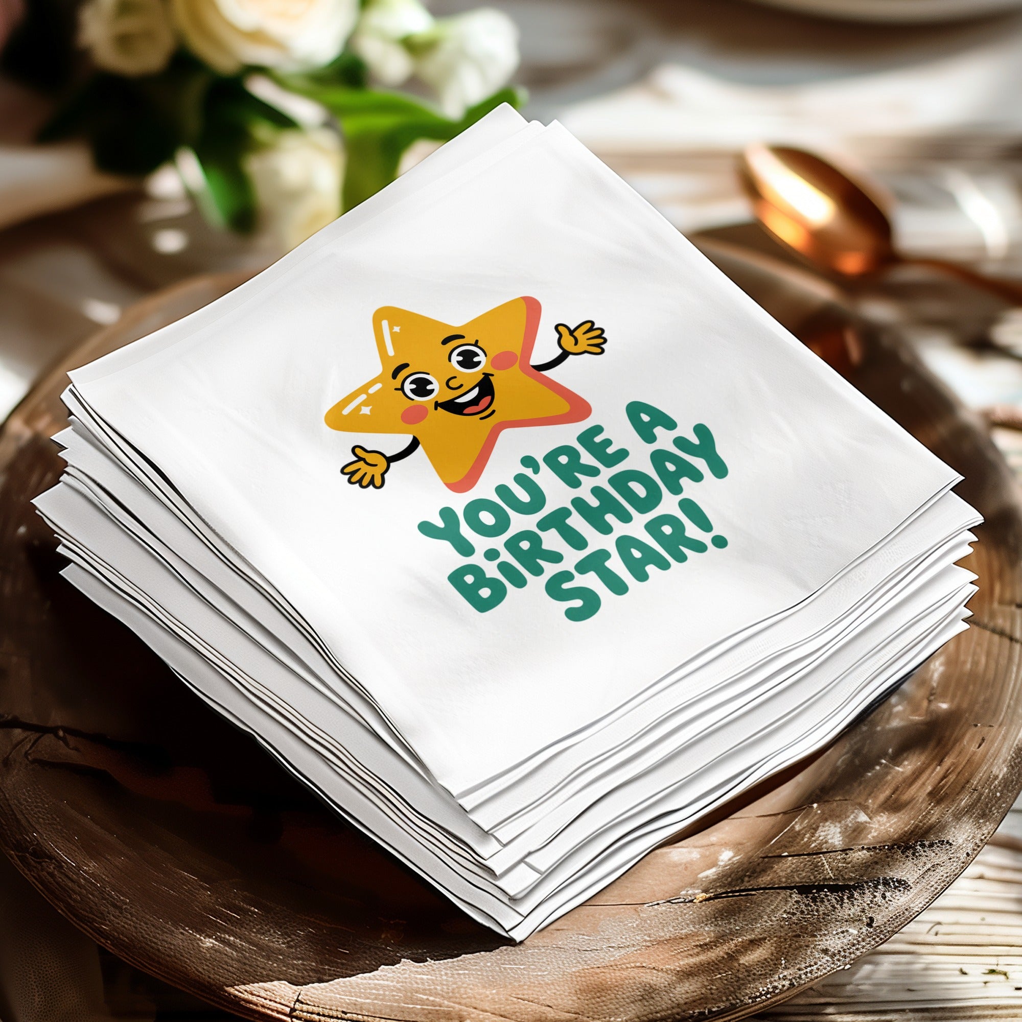 White cocktail napkin with a smiling cartoon star and "You're a birthday star!" text.