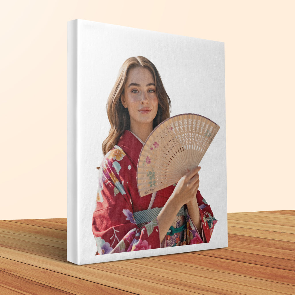 Young woman in red kimono holding a fan.