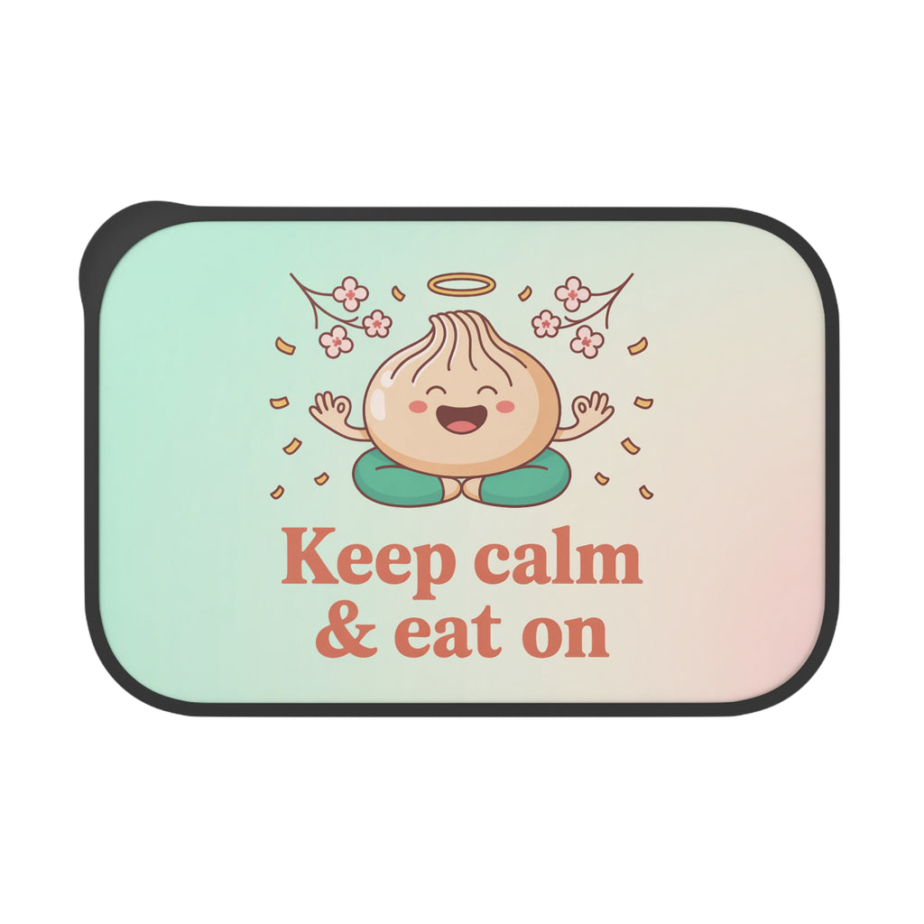 Cute cartoon dumpling meditating with "Keep calm & eat on" text.