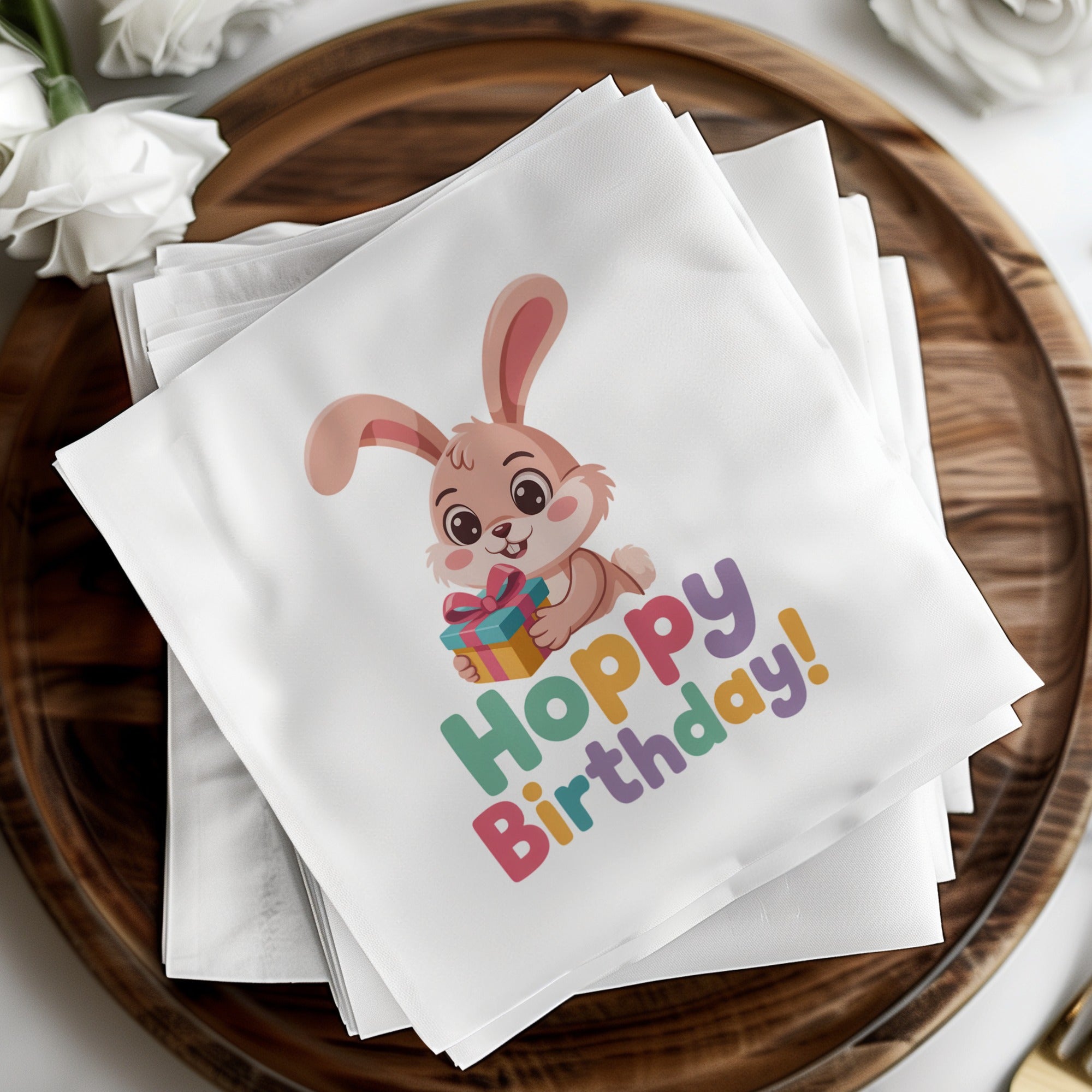 Napkins with a cartoon bunny and "Hoppy Birthday!" text.