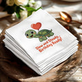 Stack of white napkins featuring a cartoon turtle and "Slow and Steady... Birthday Ready!" text.