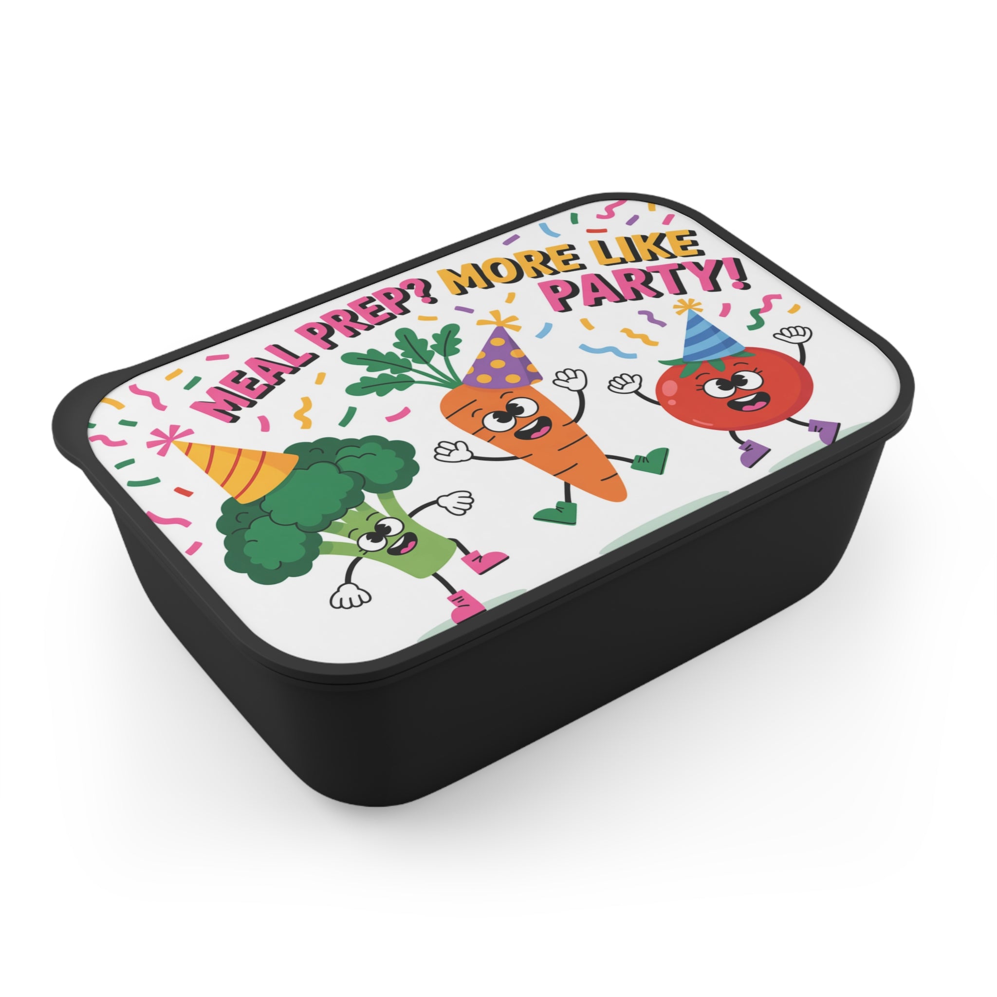 Cartoon broccoli, carrot, and tomato dancing with party hats on a black lunchbox.