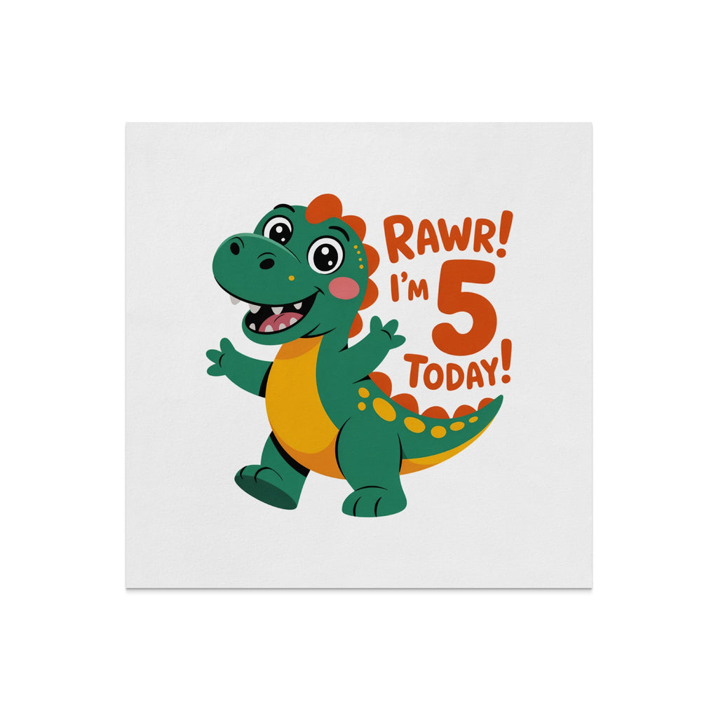 Green dinosaur with text "RAWR! I'M 5 TODAY!".