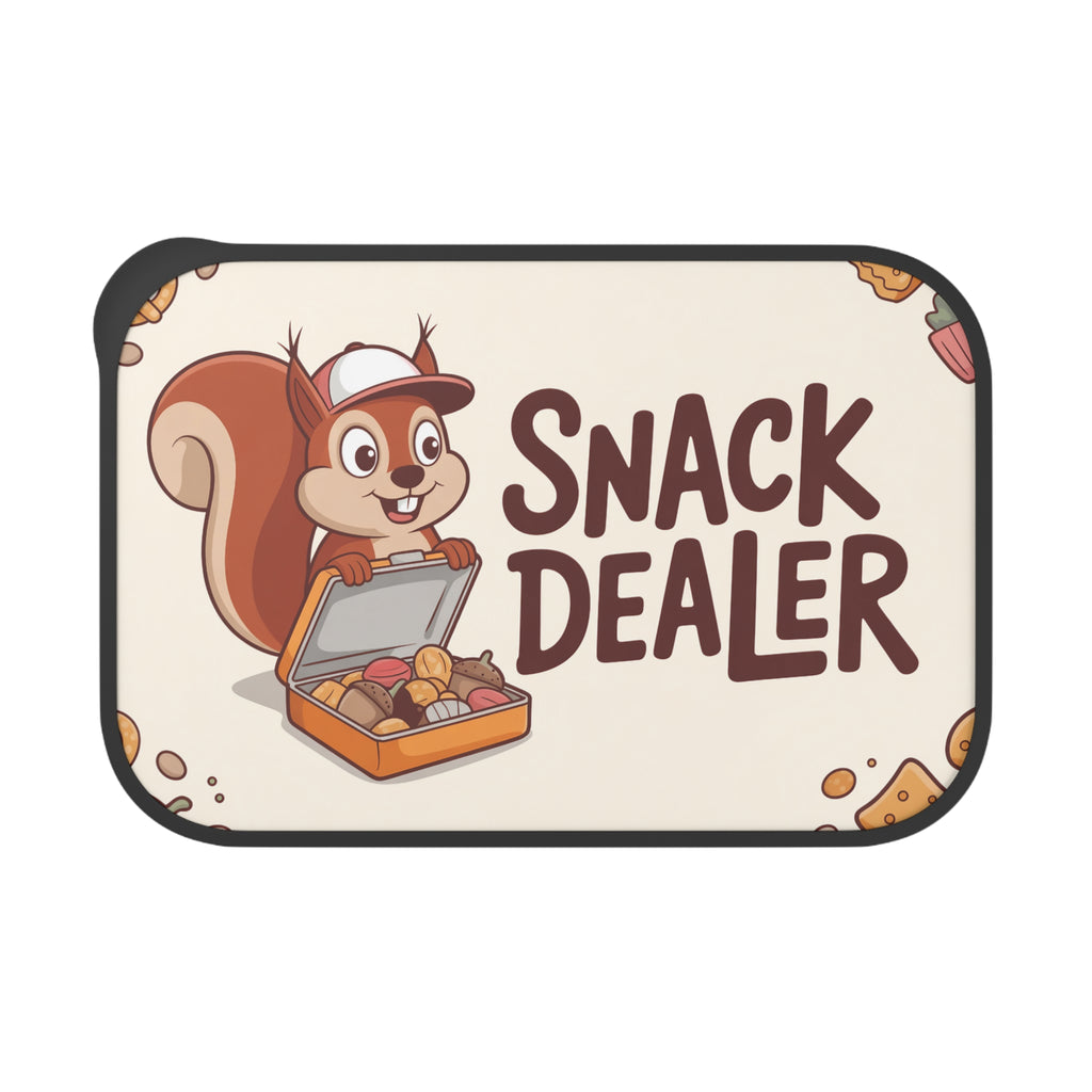 Cartoon squirrel in a hat holding an open lunchbox with "SNACK DEALER" text.